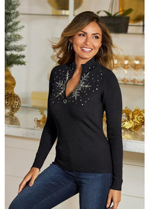 Snowflake Zip Sweater Black