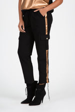 Load image into Gallery viewer, Knit Cargo Pant w Faux Leather Side Strip Black/Bronze
