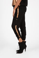 Load image into Gallery viewer, Knit Cargo Pant w Faux Leather Side Strip Black/Bronze
