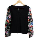 Load image into Gallery viewer, Knit V-Neck Top with Embroidered Bouquet Sleeves
