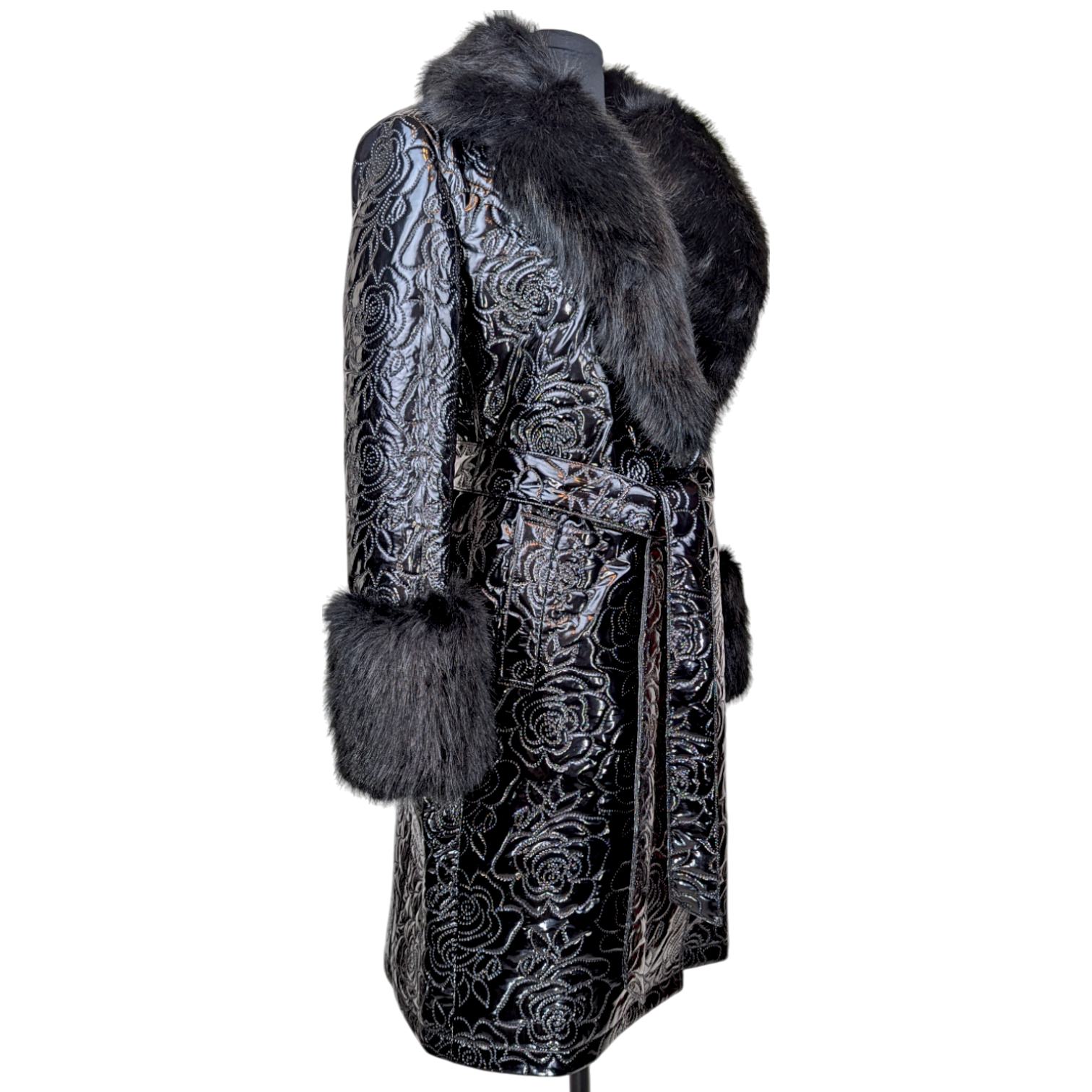 Glossy Quilted Floral Wrap Coat