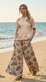 Load image into Gallery viewer, Travel Stamps Linen Super Wide Leg Pant
