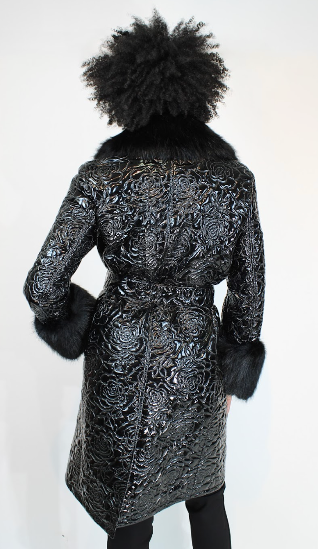Glossy Quilted Floral Wrap Coat