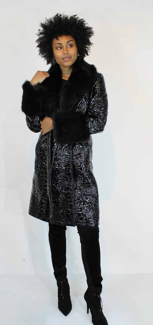 Glossy Quilted Floral Wrap Coat