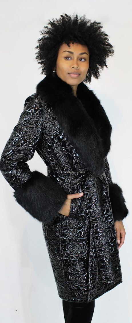 Glossy Quilted Floral Wrap Coat