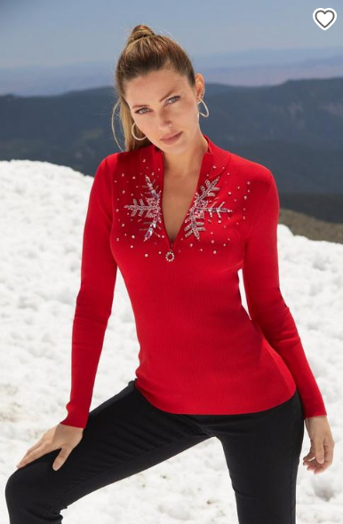 Snowflake Zip Sweater Red Silver